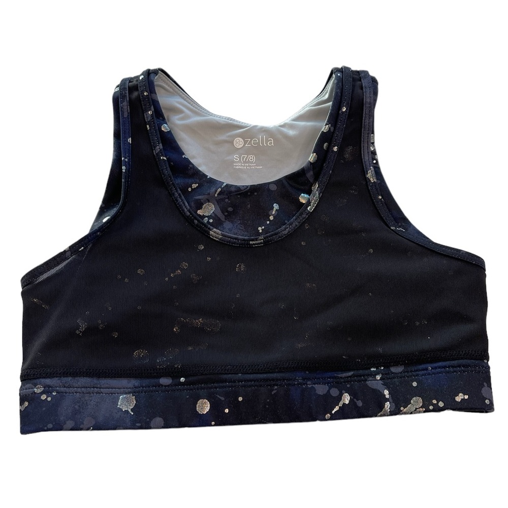 Zella Sports Bra Blue Sparkle Black Mesh Girls Size Small (7-8)
